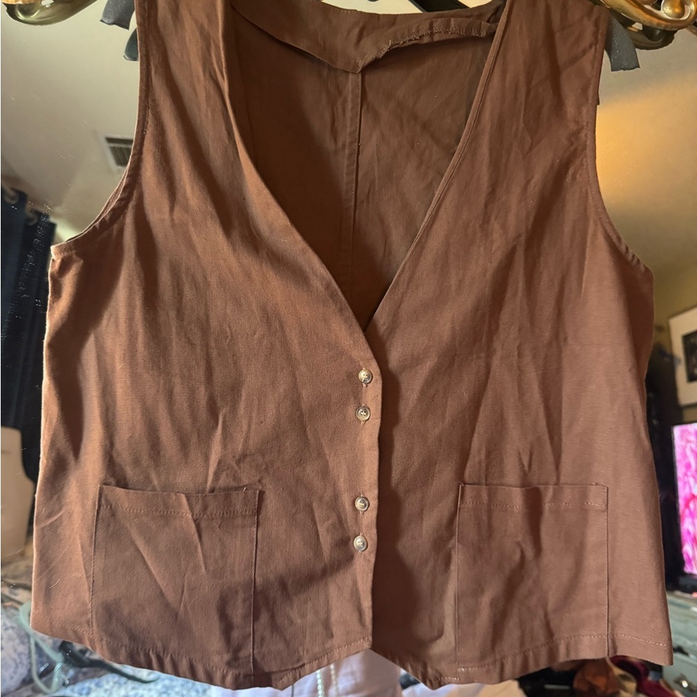 Brown cotton/ linen  Button-Up Vest - Picture 2 of 5